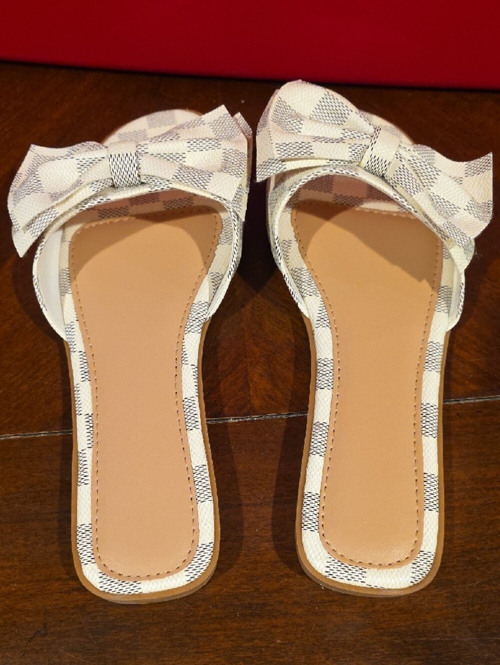 Source Unknown Cream Check Bow Slide Sandals Sz 8 - Picture 4 of 5